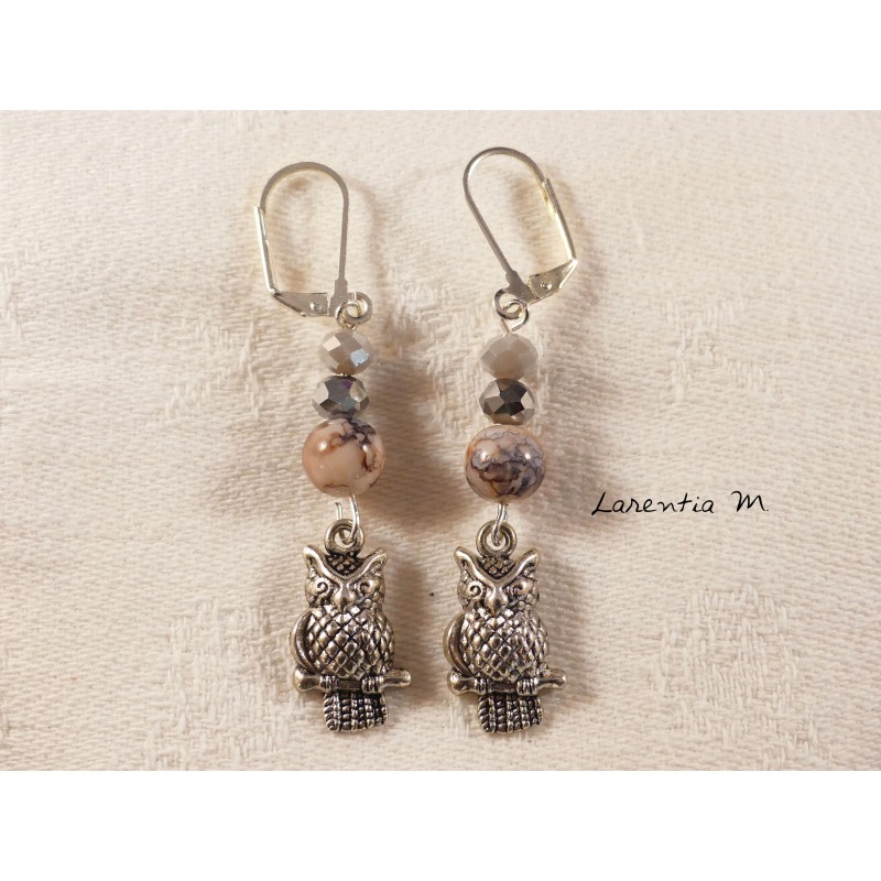 Silver owl earrings, gray bohemian crystal beads