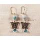 Boucles d'oreilles perles bleues et papillon argenté