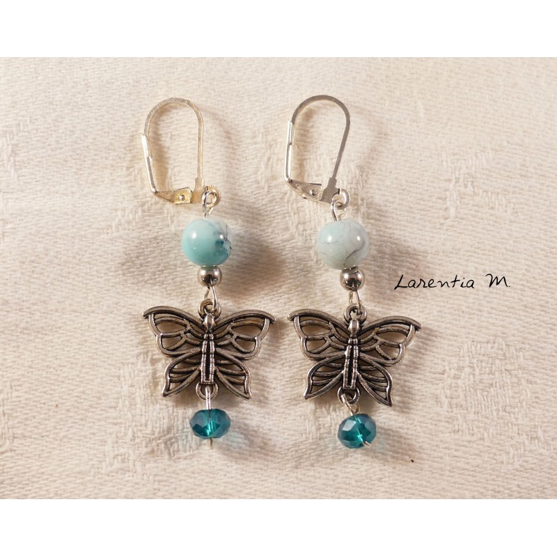 Blue pearl and silver butterfly earrings