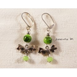Silver bow tie earrings, round pearls and green Bohemian crystal