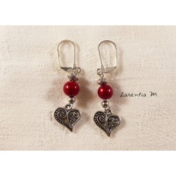 Silver heart earrings, red magic beads