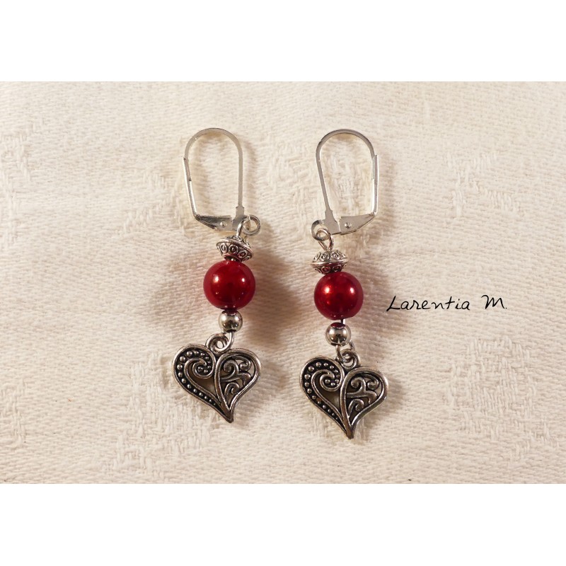 Silver heart earrings, red magic beads