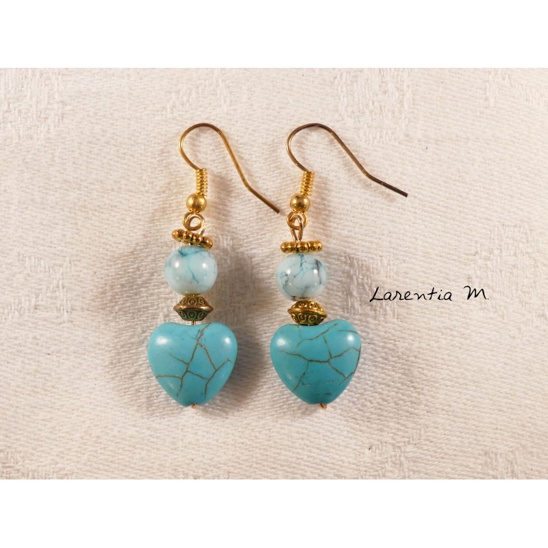 Earrings Hearts and turquoise-colored pearls, golden metal pearls