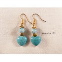 Earrings Hearts and turquoise-colored pearls, golden metal pearls