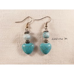 Earrings Hearts and turquoise-colored pearls, silver metal pearls