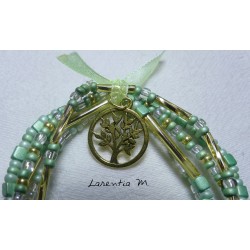 5-row bracelet in seed beads in green-white-gold tones, golden tree of life