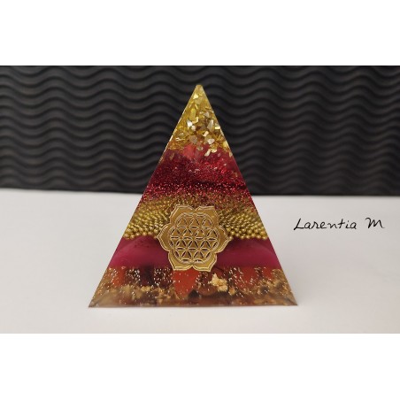 Resin pyramid, glass beads, red sequins, natural stones