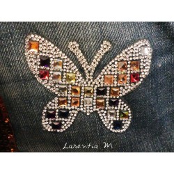 Denim bag, brown glitter ribbon, yellow-orange scarf, rhinestone butterfly