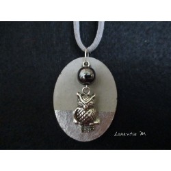 Necklace, pendant "Owl" with black hematite bead on concrete pad decorated silver