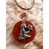 Collier pendentif rond cuir marron, signe de la "Vierge" argenté, perle jaspe,cordon marron