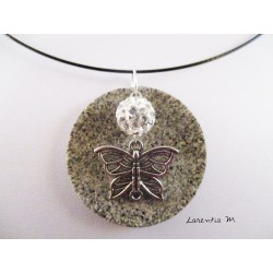 Necklace, pendant silver butterfly with white shamballa pearl on round granite base