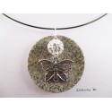 Necklace, pendant silver butterfly with white shamballa pearl on round granite base