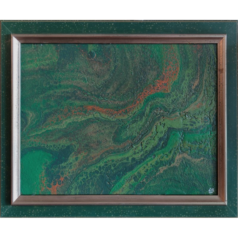 Painting "Amazonia" acrylic paint, green and orange tones, framed