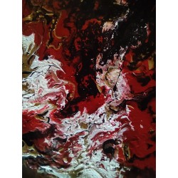 Tableau peinture acrylique, technique du pouring, tons blancs, noirs et or, encadré de bois rouge 32X26 cm