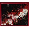 Tableau peinture acrylique, tons blancs, noirs et or, encadré de bois rouge 32X26 cm