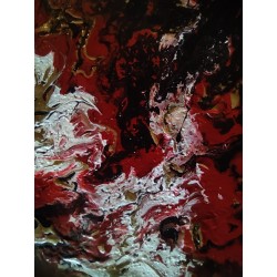 Tableau peinture acrylique, technique du pouring, tons blancs, noirs et or, encadré de bois rouge 32X26 cm