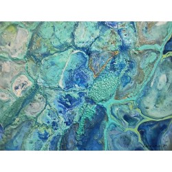 Tableau peinture acrylique tons bleus, verts, or, encadré de bois doré 36,5 X 21 cm