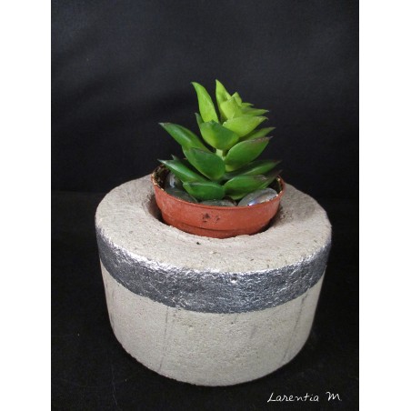 Cache pot en béton pour cactus (avec plante plastique) rond et argent