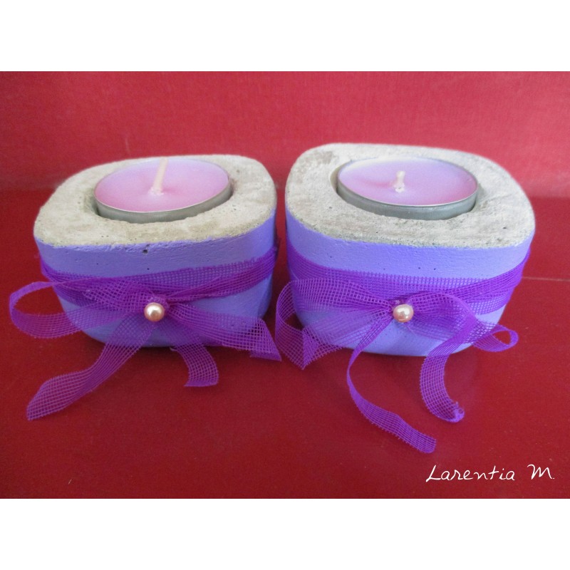 2 Candlesticks concrete square with purple organza