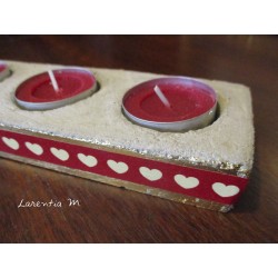 triple candlestick candles, concrete coated metal gold and decorated hearts