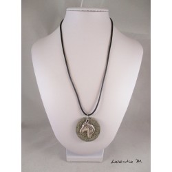 Necklace, pendant silver horse on round granite base