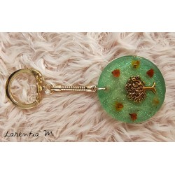 Porte-clés en résine verte, avec arbre de vie doré et fleurs séchées